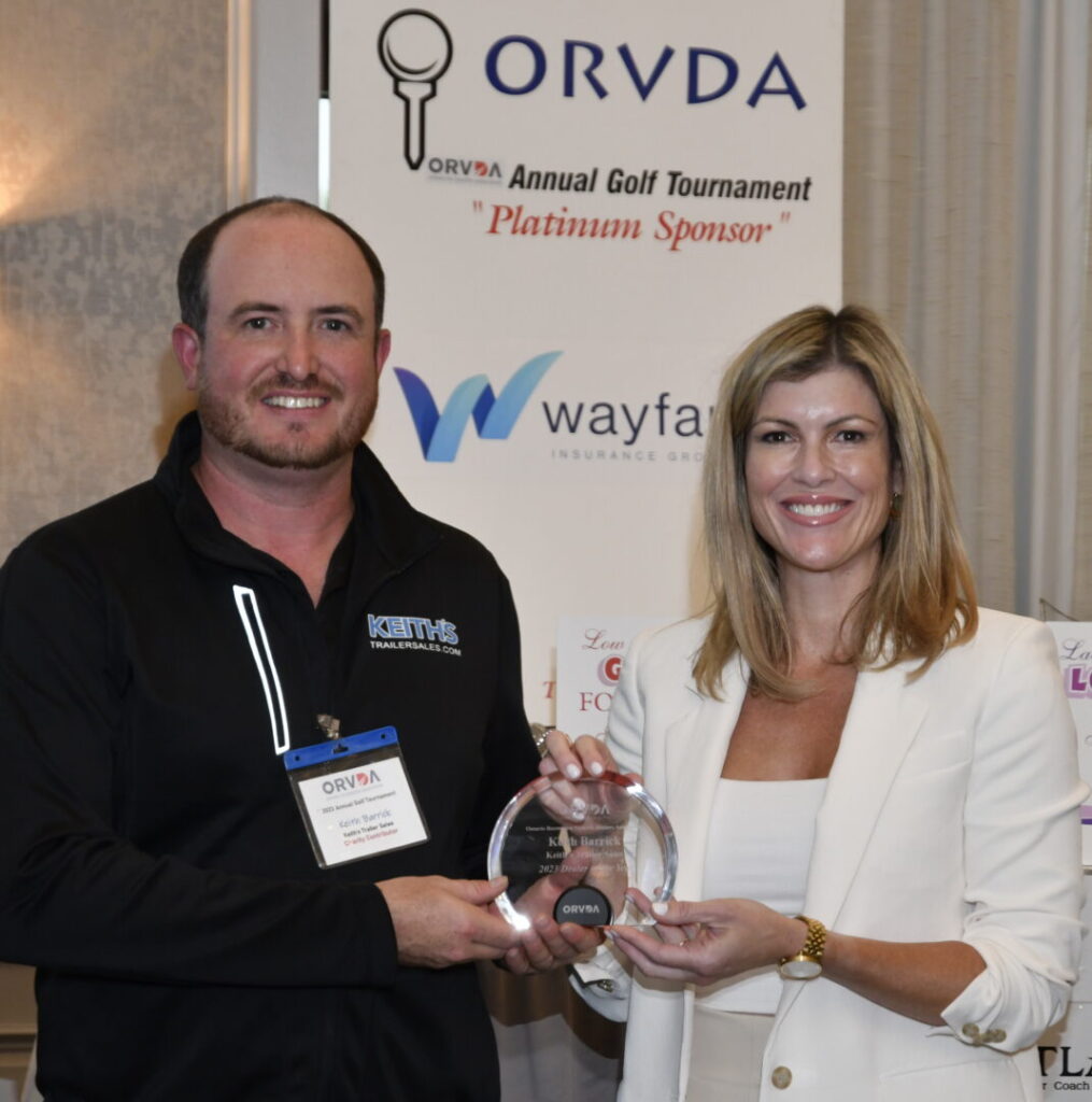 Natalie Conway presented the ORVDA Dealer of the Year Award to Keith Barrick, of Keith’s Trailer Sales, Orton, Ontario.