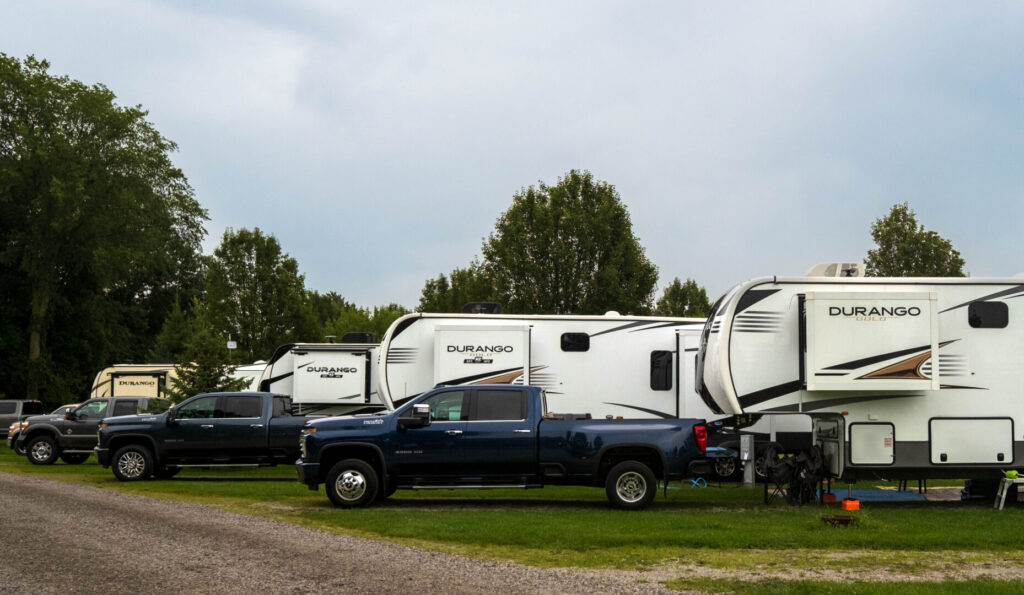 A lineup of KZ RVs at the KZ/Venture International Owner's Club rally.