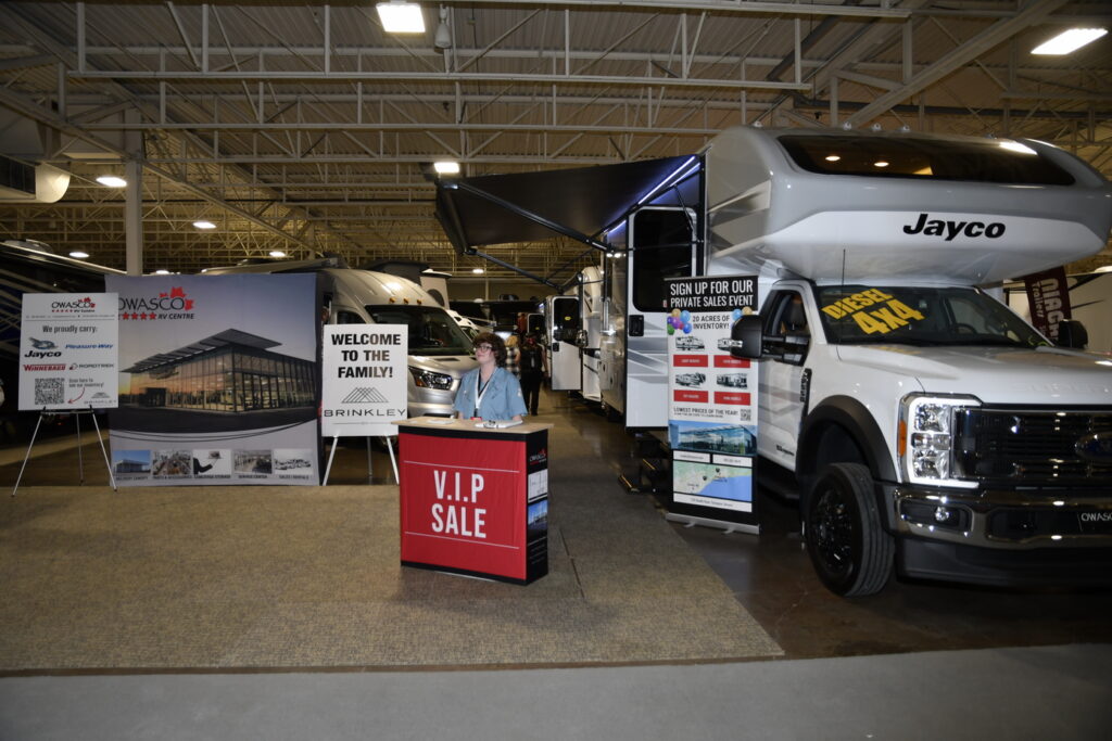 Owasco RV displayed the Brinkley RV fifth wheels, RoadTrek, Jayco, Pleasure-Way, and Winnebago motorhomes.