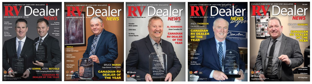 The 2023 Canadian RV Dealer of the Year selection committee: left to right: Kevin Betzold and Jim Gorrie, GNR Camping World, Winnipeg, Manitoba; Bruce Marsh, Cape Breton Trailer Sales, Cape Breton, Nova Scotia; Al Robinson, Great Canadian RV, Peterborough, Ontario, and Andy Thomson, Can-Am RV Centre, London, Ontario, Roland Goreski, Campkin’s RV Centre, Whitby, Ontario.