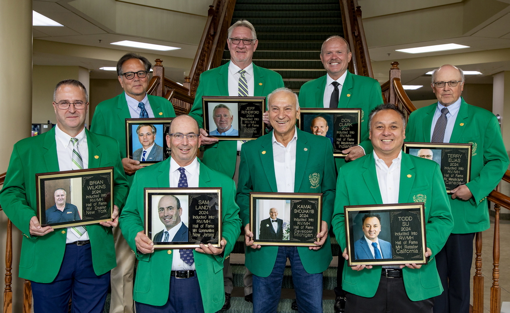 The RV/MH Hall of Fame – Class of ’24. Front row, left to right: Brian Wilkins, Sam Landy, Kamai Shouhayib, Todd Su. Back roiw, left to right: Phil Ingrassia, Jeff Rutherford, Don Clark, Terry Elias.