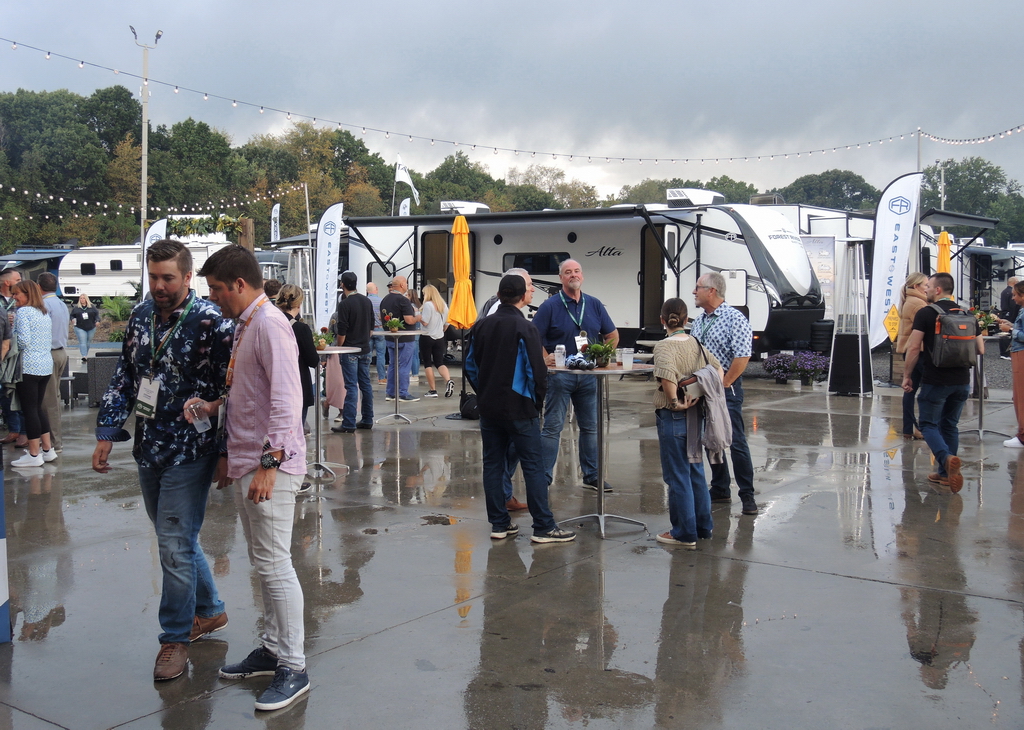 The weather couldn't dampen the enthusiasm of RV dealers visiting the Forest River Inc. displays at the East to West RV manufacturing complex.