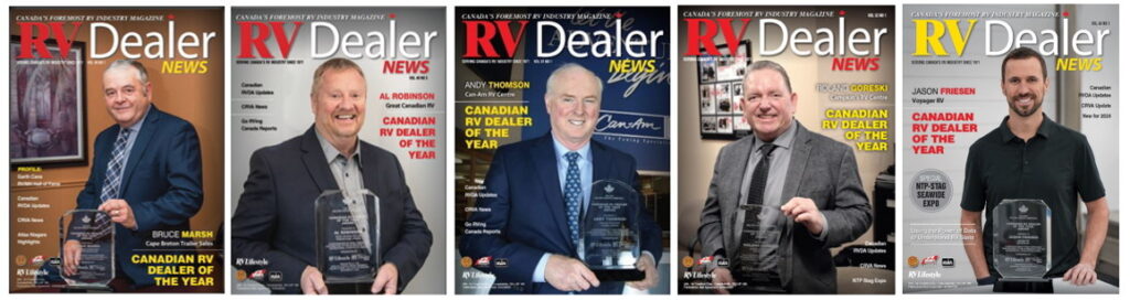 The 2024 Canadian RV Dealer of the Year selection committee - previous winners: Bruce Marsh, Al Robinson, Andy Thomson, Roland Goreski, Jason Friesen.