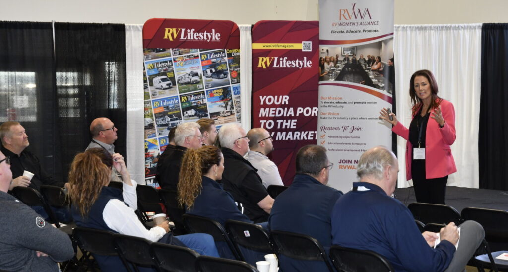 Karen Kelly delivers the keynote address at the 2024 Toronto Spring Camping and RV Show.