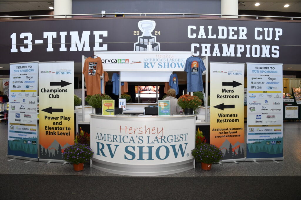 Hershey's Giant Center Arena, home to the Calder Cup Champion Hershey Bears Hockey Club, is the venue for the parts and accessory displays during the Hershey RV Show. See the full list of exhibitors, with links to the company websites, here: https://www.largestrvshow.com/explore/booth-vendors/