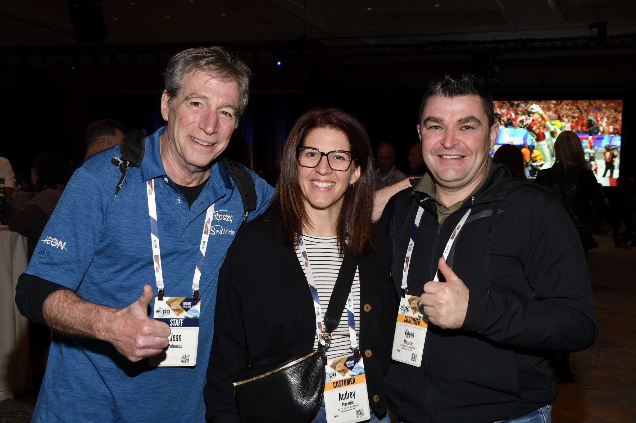 Jean Palumbo from NTP-Stag SeaWide Canada with Audrey Paradis and Kevin Maguire from Auto et VR Maguire, Beauceville, Quebec at the NTP-Stag SeaWide Expo in Orlando.