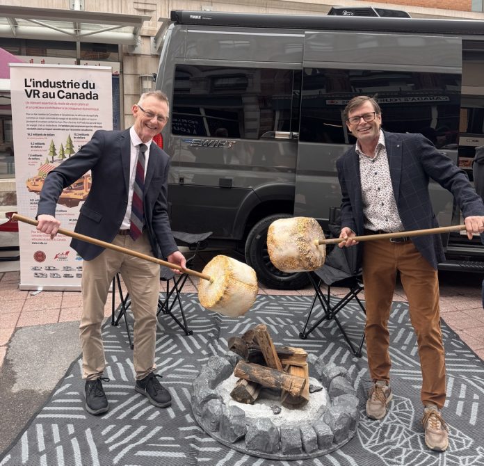 The Honourable Brendan Hanley, MP for Yukon, joins Jeff Redmond of RVDA of Canada toast a symbolic marshmallow during RV Industry Advocacy Day on Parliament Hill, Ottawa.