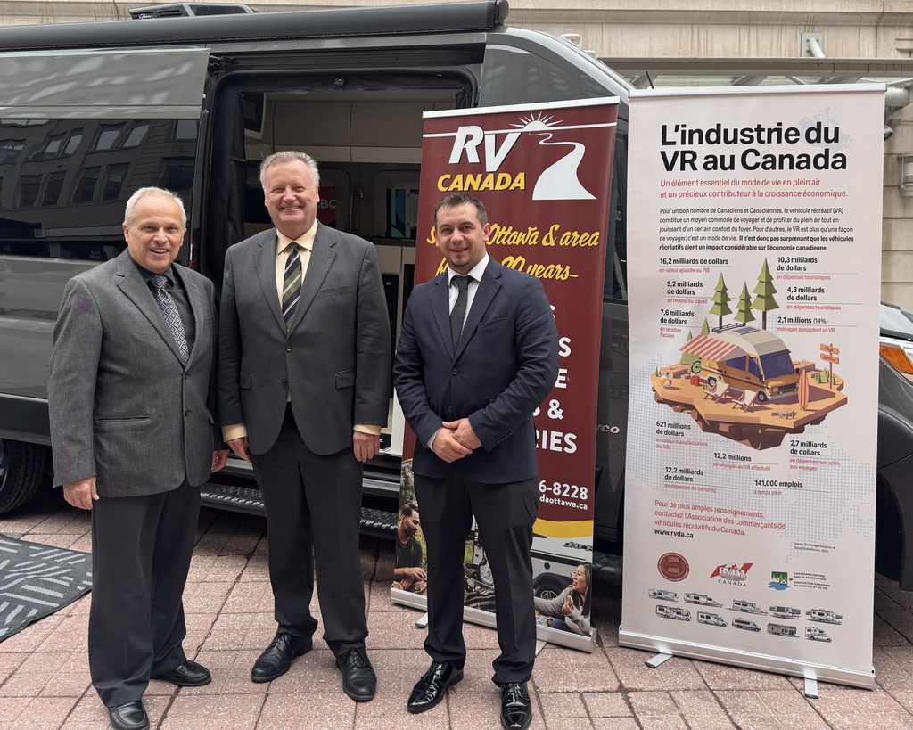 RV Industry Advocacy Day on Parliam,ent Hill. Left to right: Nick Coroluick; The Honourable Kevin Waugh, Conservative MP for Saskatoon South, Saskatchewan; Paul Mass