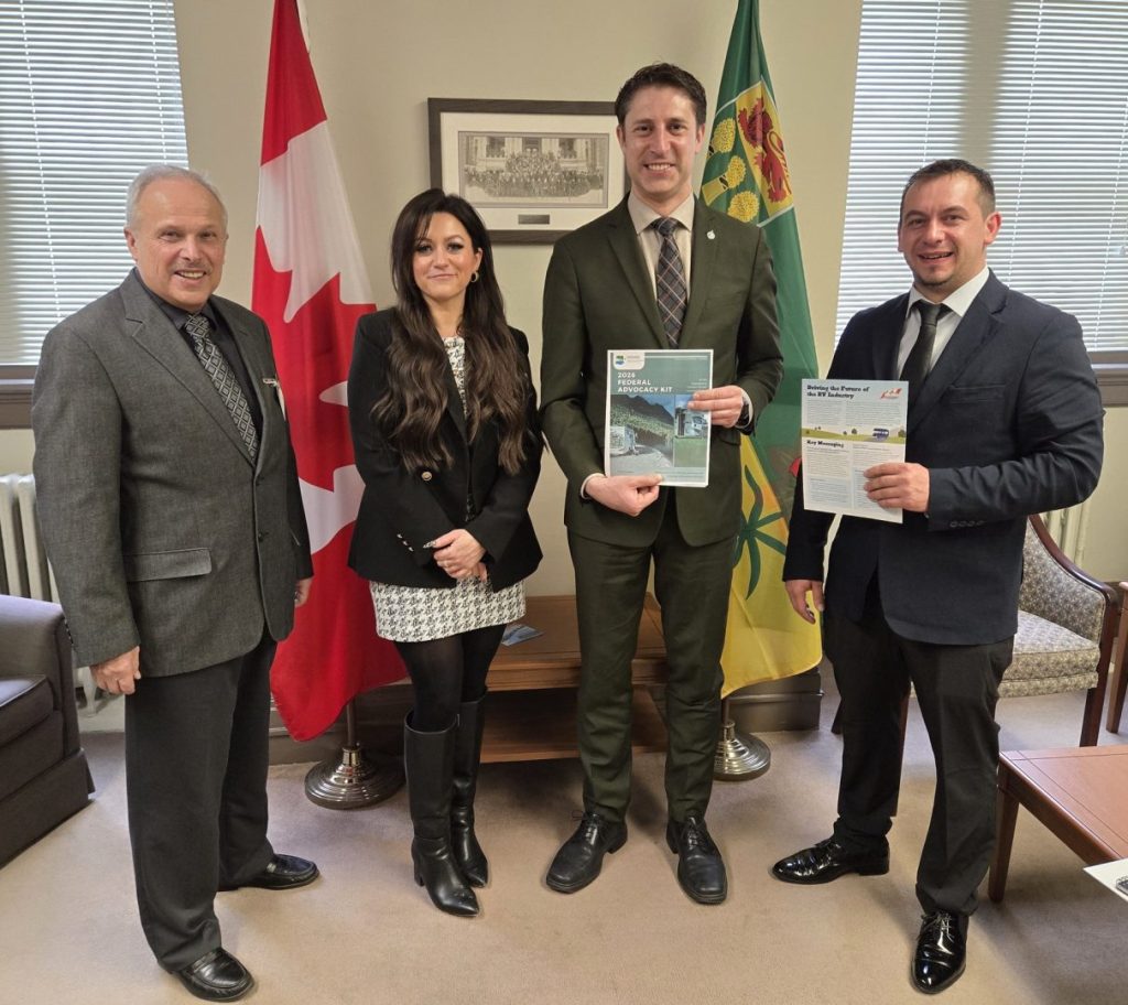 RV Industry Advocacy Day on Parliament Hill. Left to right: Nick Coroluick; Cara Csizmadia, CCRVC; The Honourable Michael Kram, Conservative MP for Regina – Wescana, Saskatchewan; Paul Mass