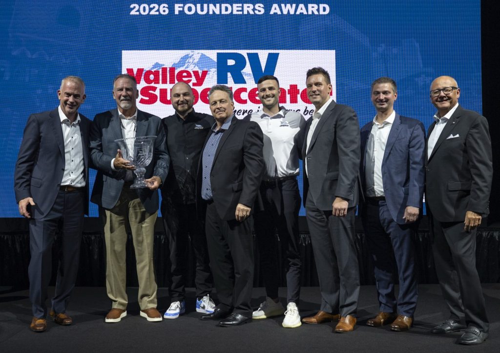 2026 Jayco Founders Award - Valley RV Supercenter.The award was presented to Tony Wheeldreyer, Nate Wheedreyer, Ron Claudon, and Randy Hipple.