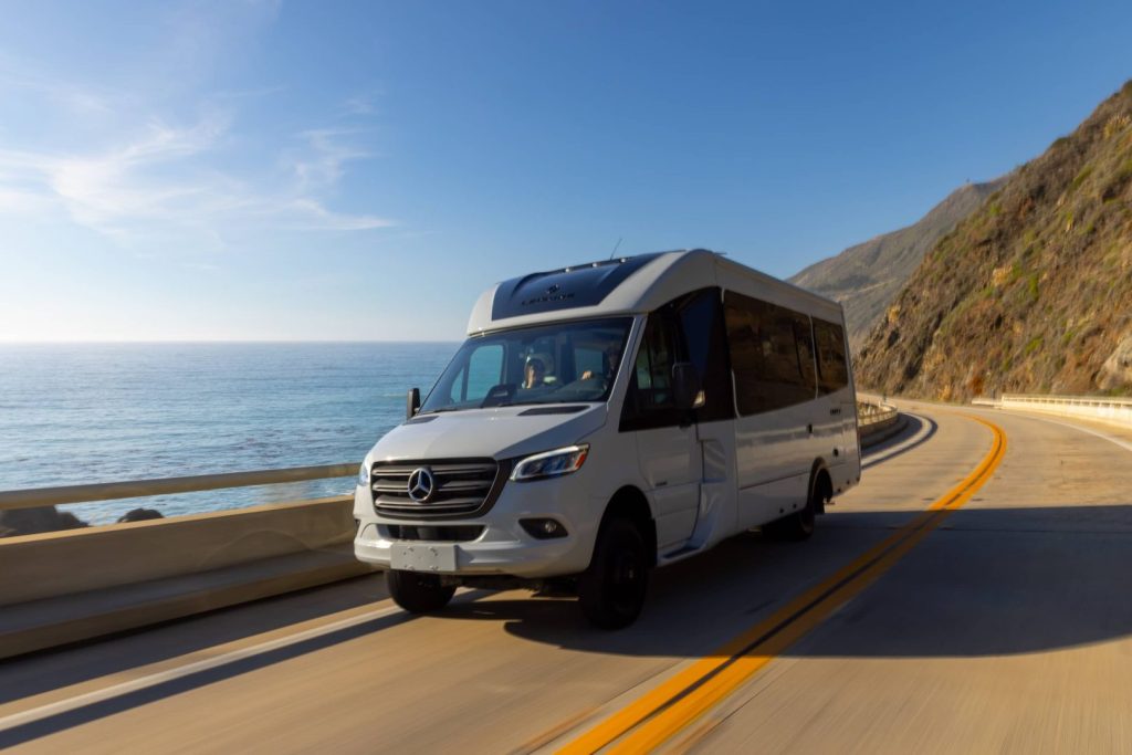 Leisure Travel Vans Unity TBX Class C motorhome, at Big Sur, California.