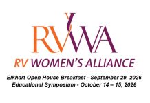 RVWA Educational Symposium – Learn, connect, and get inspired! RV Women's Alliance - Educational Symposium October 14 - 15, 2026 and Elkhart Open House Breakfast, September 29, 2026.