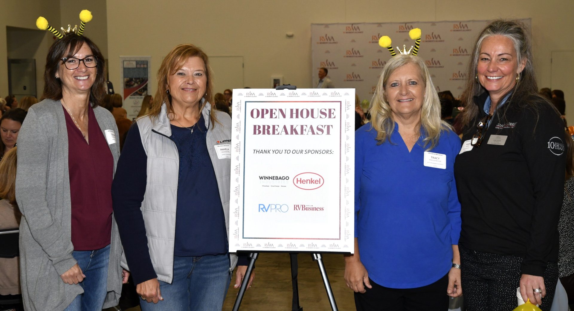 RV Women's Alliance executive at the annual Elkhart Open House Breakfast, September 29, 2026. Left to right: Susan Carpenter, Pamela Vandermel, Tracy Anglemeyer, Mary Minix.