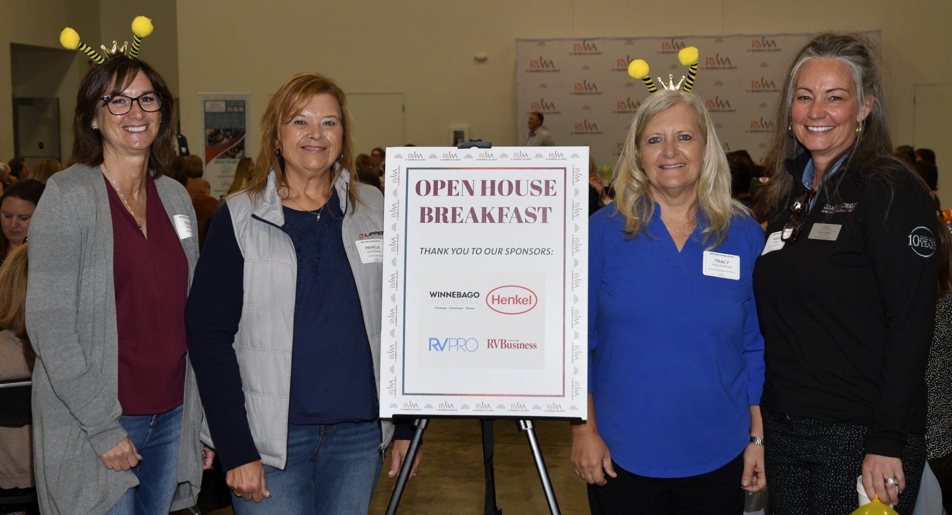 RV Womens Alliance executive at the annual Elkhart Open House Breakfast, September 29, 2026. Left to right: Susan Carpenter, Pamela Vandermel, Tracy Anglemeyer, Mary Minix.