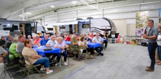 KZ-RV President Ryan Juday greets KZ and Venture RV owners at the 2023 rally in Shipshewana, IN.