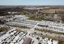 Aerial view of the RV lot at Niagara Traiulers, St. Davids, Ontario. Photo courtesy Niagara Trailers.