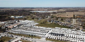 Aerial view of the RV lot at Niagara Traiulers, St. Davids, Ontario. Photo courtesy Niagara Trailers.