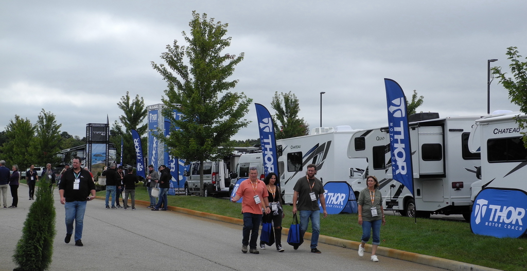 RV dealers from across North America gathered in Elkhart Indiana for the annual Dealer Days Open House. Here is a photo of the THOR display area.