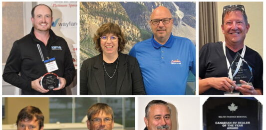 Nominees for the 2024 Canadian RV Dealer of the Year Award: Keith Barrick, Marco & Mylaine Boudreault,Murray Sullivan, Jeff & Kyle Redmond, and Richard Tache.