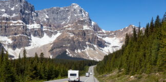 The beautiful Icefields Parkway in Banff National Park, Alberta, Canada, which is a magnet for RV owners and campers at whom the clean/green Duoetto Gen 3 is targeted