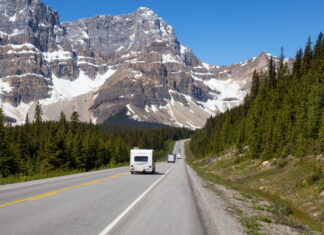 The beautiful Icefields Parkway in Banff National Park, Alberta, Canada, which is a magnet for RV owners and campers at whom the clean/green Duoetto Gen 3 is targeted