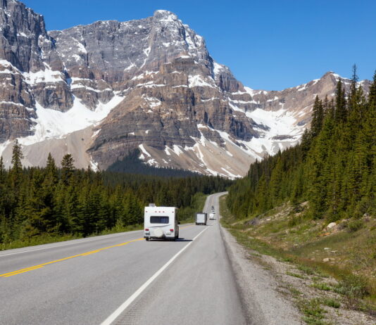 The beautiful Icefields Parkway in Banff National Park, Alberta, Canada, which is a magnet for RV owners and campers at whom the clean/green Duoetto Gen 3 is targeted