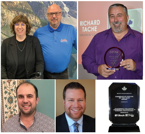 RVDYR 2025 Montage Nominees for the 2025 Canadian RV Dealer of the Year Award - top left: Marco & Mylaine Boudreault,, top right: Richard Tache, bottom left: Travis Bromley, bottom right: Jonathan Stone.