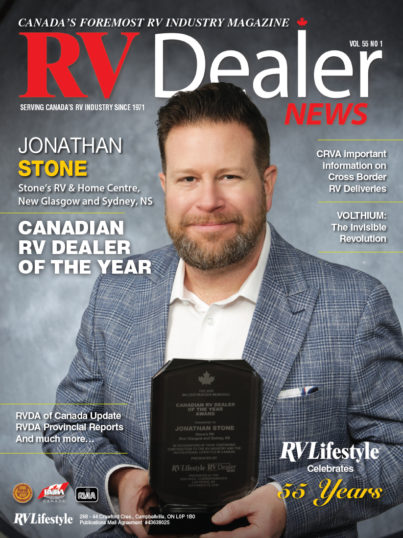 RV Dealer News 55-1: Jonathan Stone 2025 RV Dealers of the Year RV Dealer News Magazine cover