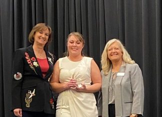 RVWA Finalists for Industry Champions Awards Susan Carpenter, left, and Tracy Anglemeyer, far right, present the 2025 RVWA Champion of Women Award to Brandy Droptiny, Customer Service Manager at Winnebago Towables